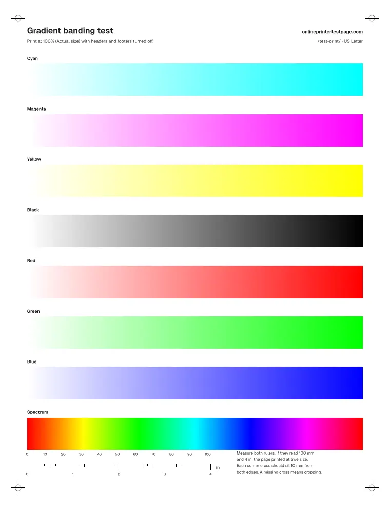 Gradient test page with smooth ramps from white to cyan, magenta, yellow, black, red, green and blue, and a spectrum ramp.