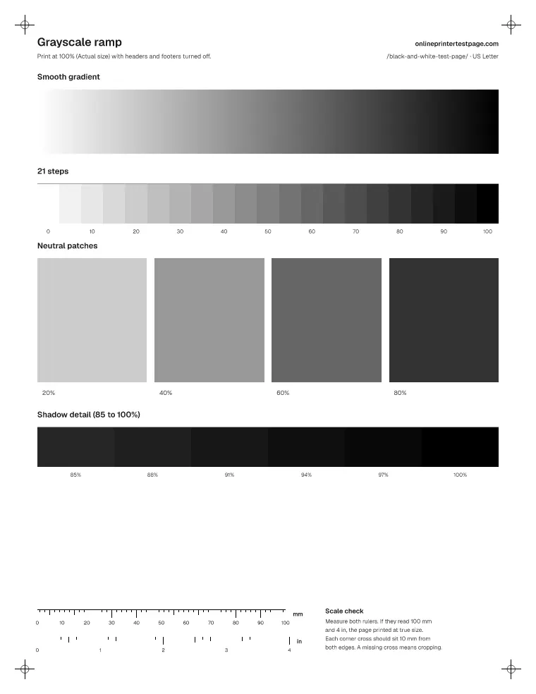 Grayscale test page with a smooth white-to-black gradient, a 21-step ramp and large neutral gray patches.