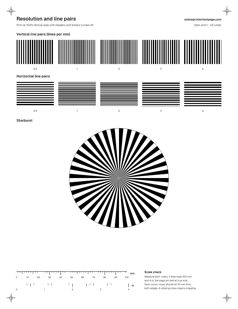 Resolution test page with line pair groups in horizontal and vertical directions and a radial starburst.