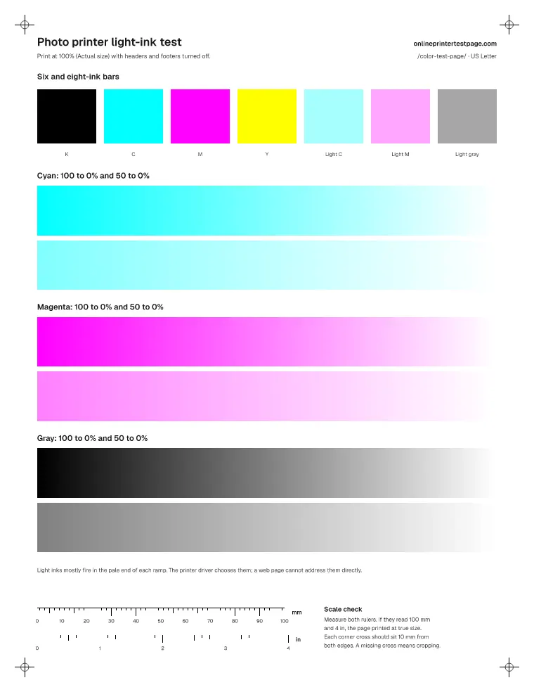 Photo printer light ink test page with black, cyan, magenta, yellow, light cyan, light magenta and light gray bars, and long cyan, magenta and gray ramps.