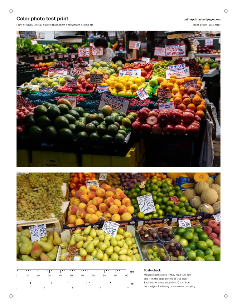 Color photo test print with two public-domain market photos of fruit stalls, full of saturated reds, oranges, yellows and greens.