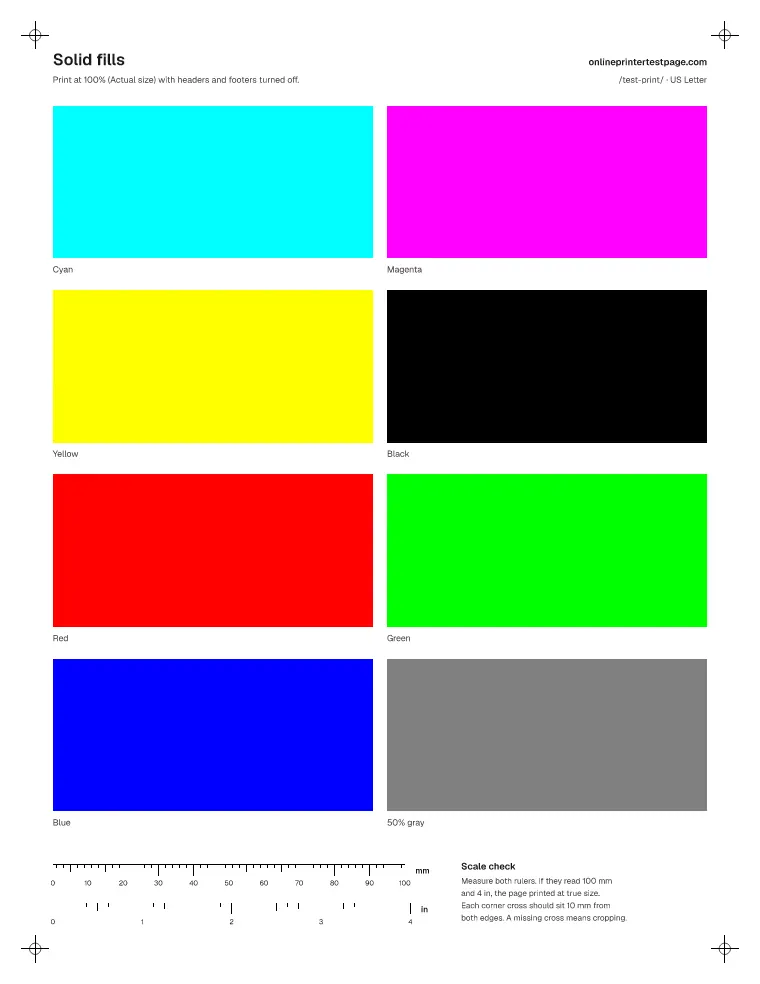 Solid fill test page with large blocks of cyan, magenta, yellow, black, red, green, blue and 50% gray.
